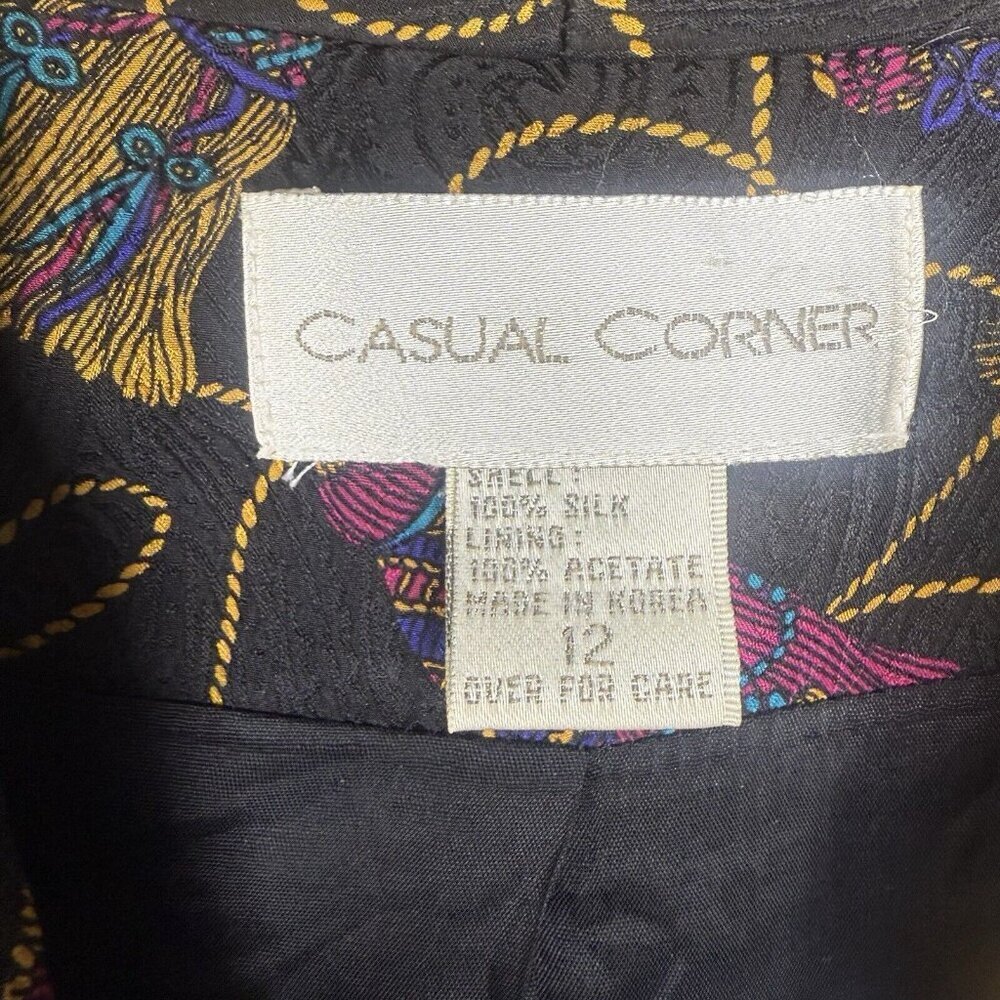 Casual Corner Vintage 100% Silk women’s 80’s Tassel blazer Black Gold Purple 12 - Picture 2 of 8